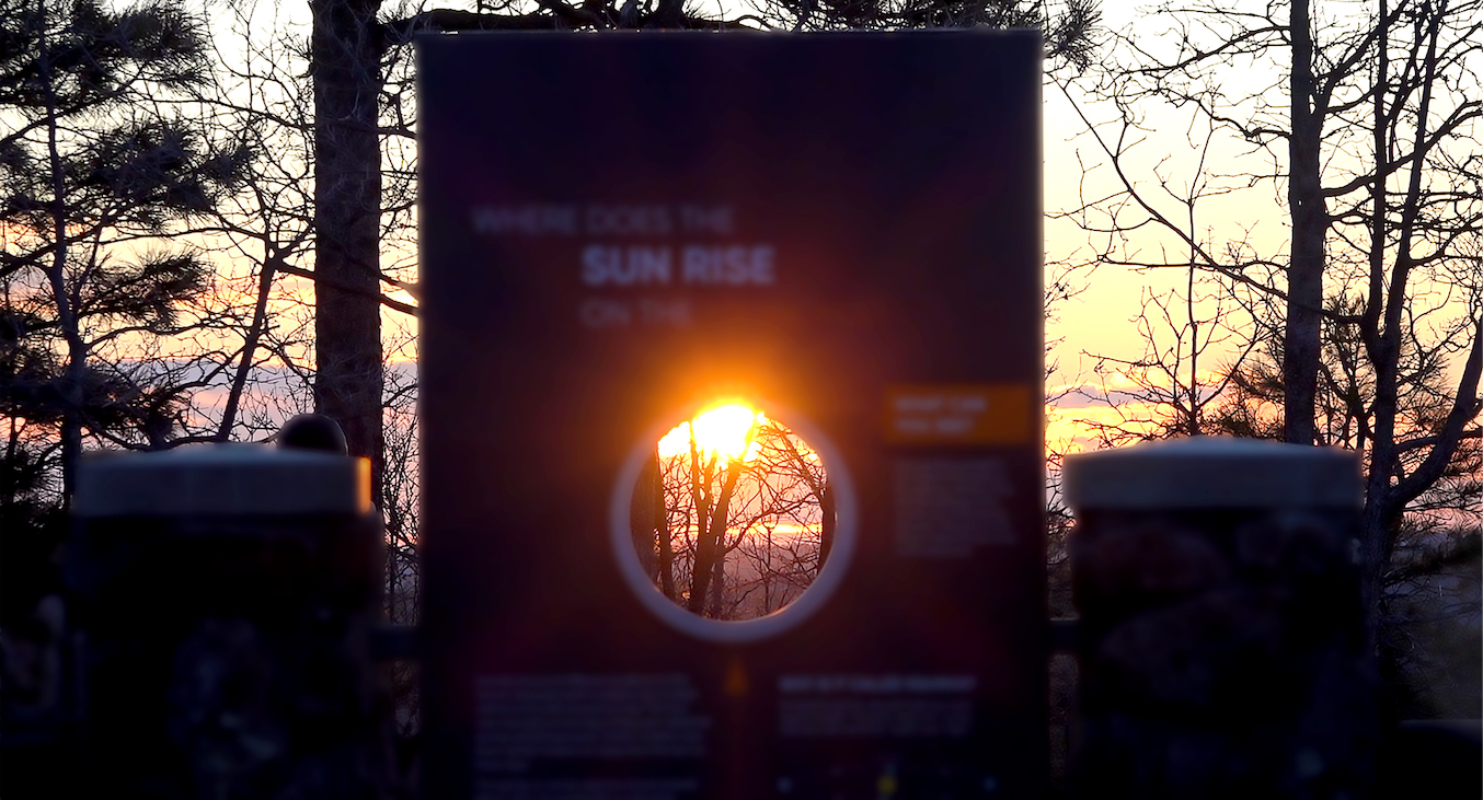 The rising Sun, as seen through the Fall Equinox horizon marker at the Giovale Open Deck Observatory.