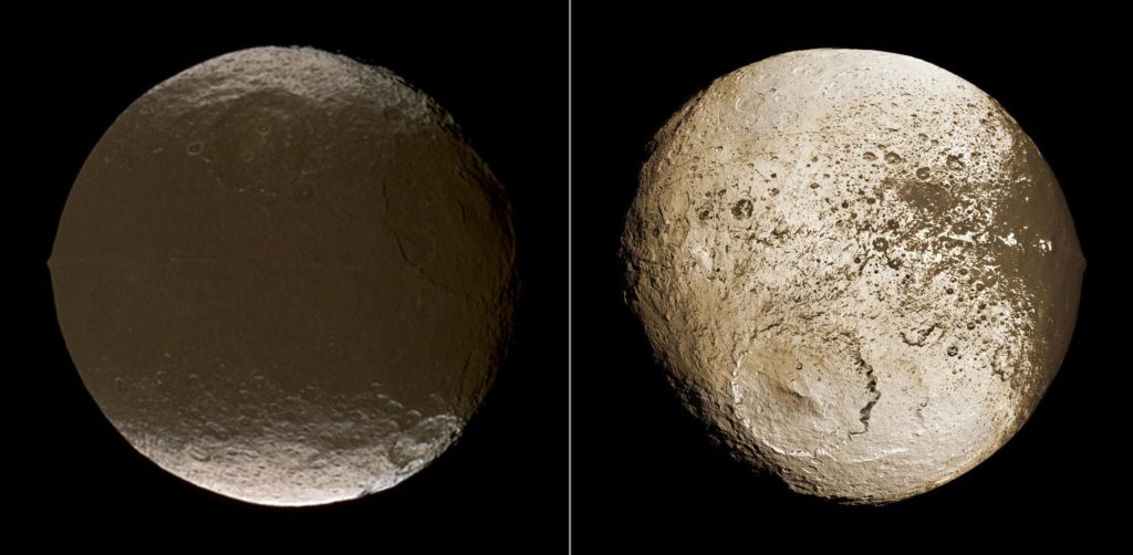 Two global images of Iapetus showing the extreme brightness dichotomy on its surface of this peculiar Saturnian moon. Credit: NASA/JPL-Caltech/Space Science Institute