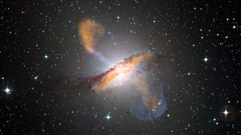 Centaurus A, credit ESO/WFI (Optical); MPIfR/ESO/APEX/A.Weiss et al. (Submillimetre); NASA/CXC/CfA/R.Kraft et al. (X-ray)