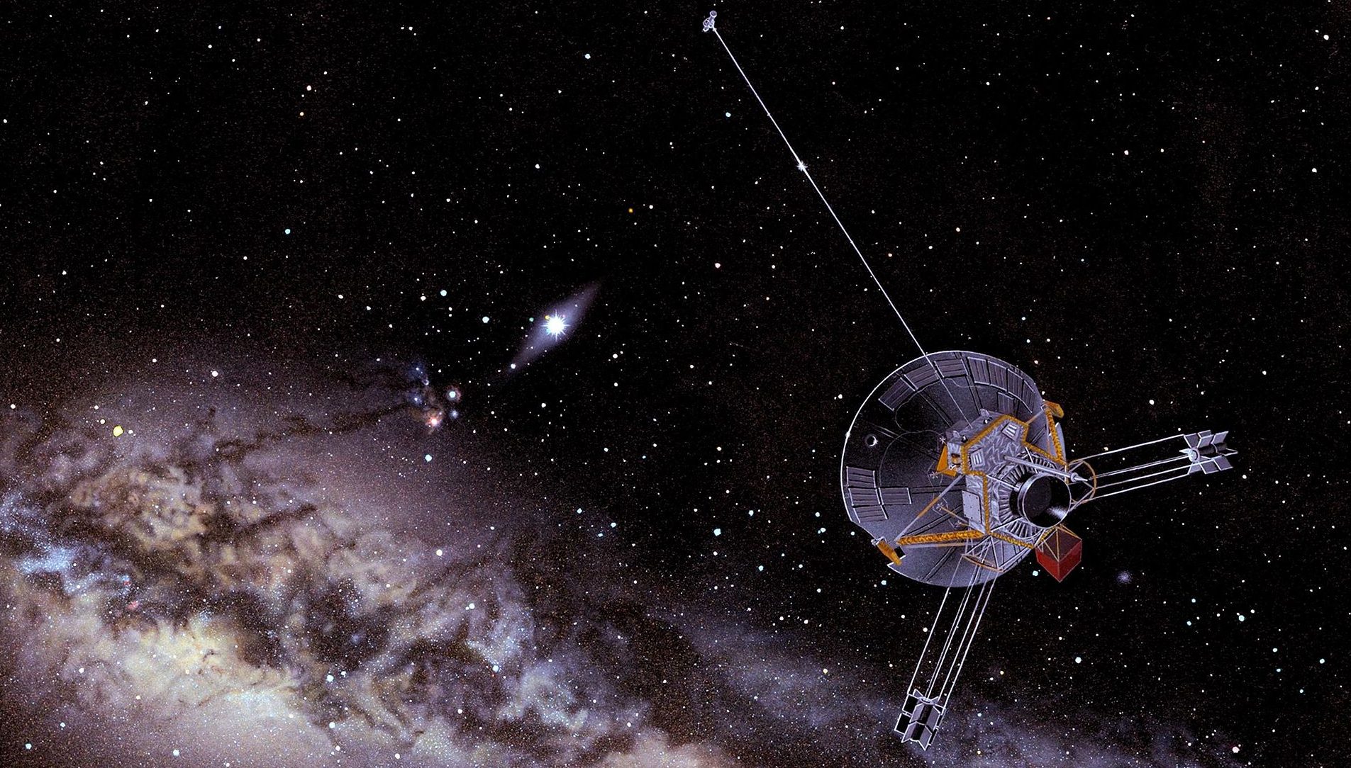 An artist's impression of Pioneer 10 looking back on the inner Solar while on its way to interstellar space, credit NASA
