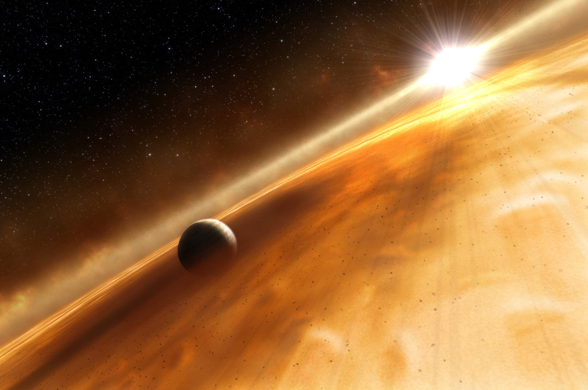 his illustration shows a gas giant exoplanet orbiting its parent star. Image credit: NASA / ESA / STScI / L. Calcada.