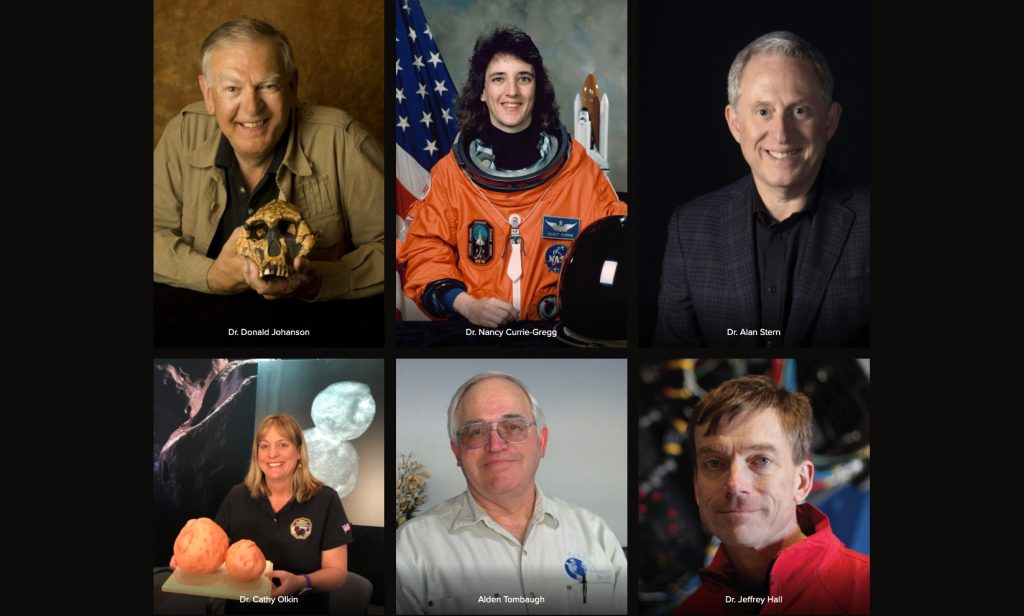 Panelists for the 3rd Annual I Heart Pluto Festival: Dr. Donald Johanson, Dr. Nancy Currie-Gregg, Dr. Alan Stern, Dr. Cathy Olkin, Alden Tombaugh, Dr. Jeffrey Hall
