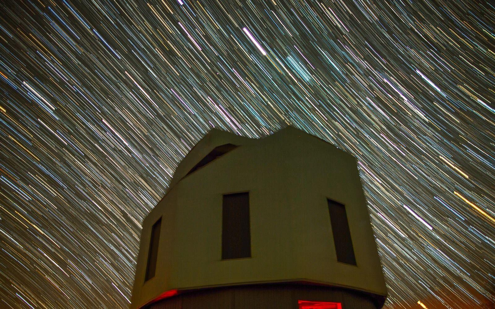 The image shows star trails over the Lowell Discovery Telescope dome. Joe Llama