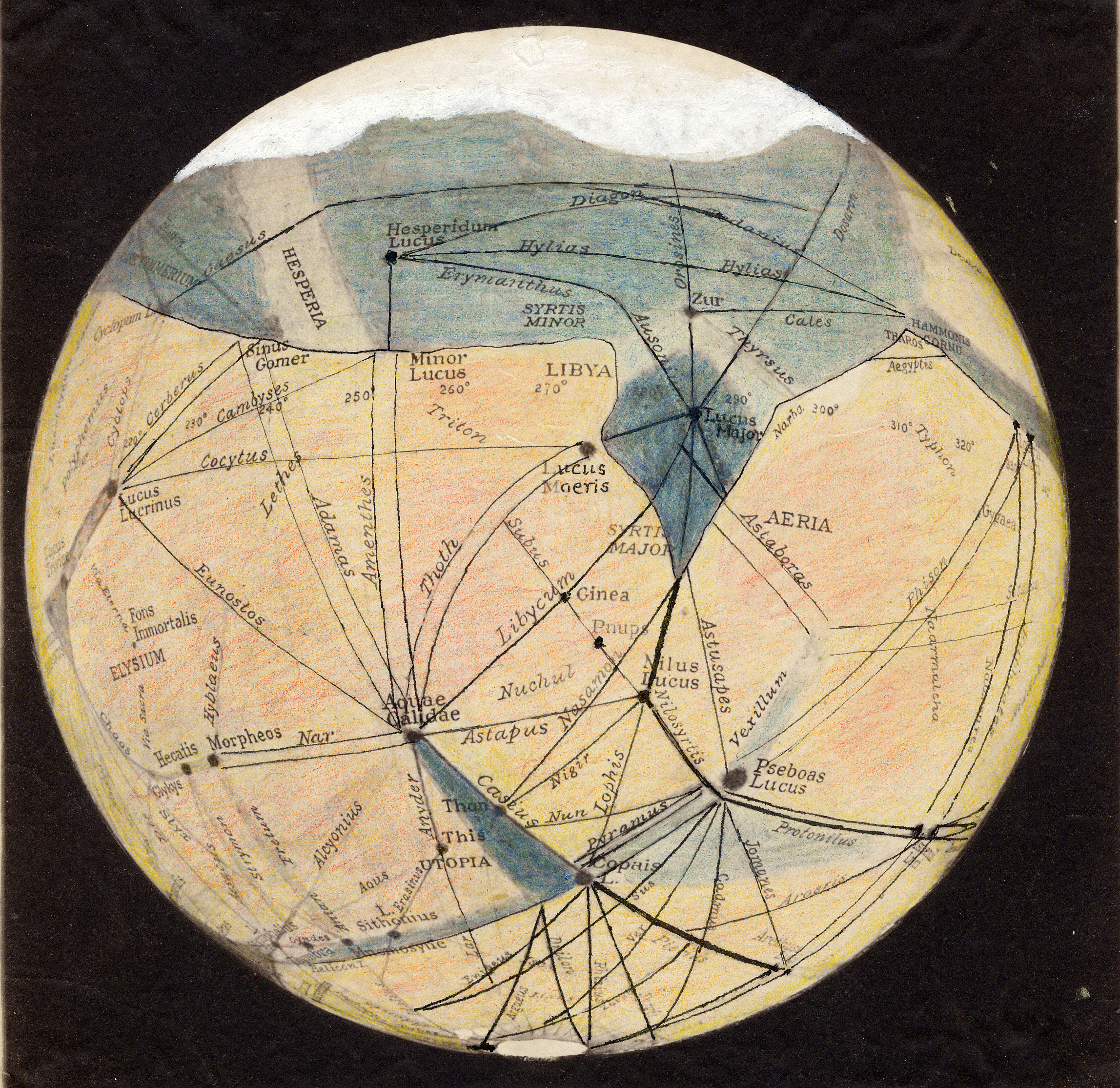 A hand-drawn, colorized map of Mars created by astronomer Percival Lowell in the early 1900s. The map shows the planet’s surface divided into labeled regions such as “Libya,” “Aeria,” and “Hesperia,” with fine black lines connecting them, representing Lowell’s theorized “canals.” Pale yellow, pink, and blue shading indicate different Martian terrains, and the planet’s north polar cap appears at the top.