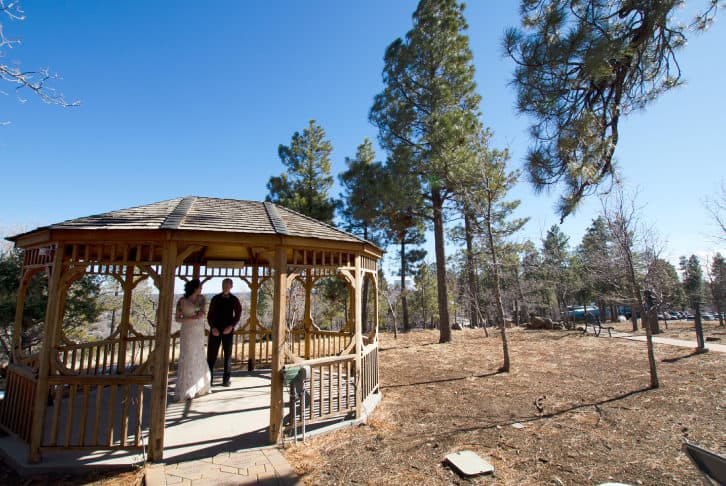 A gazebo at Lowell Observatory with two people observing the sky, surrounded by pine trees.